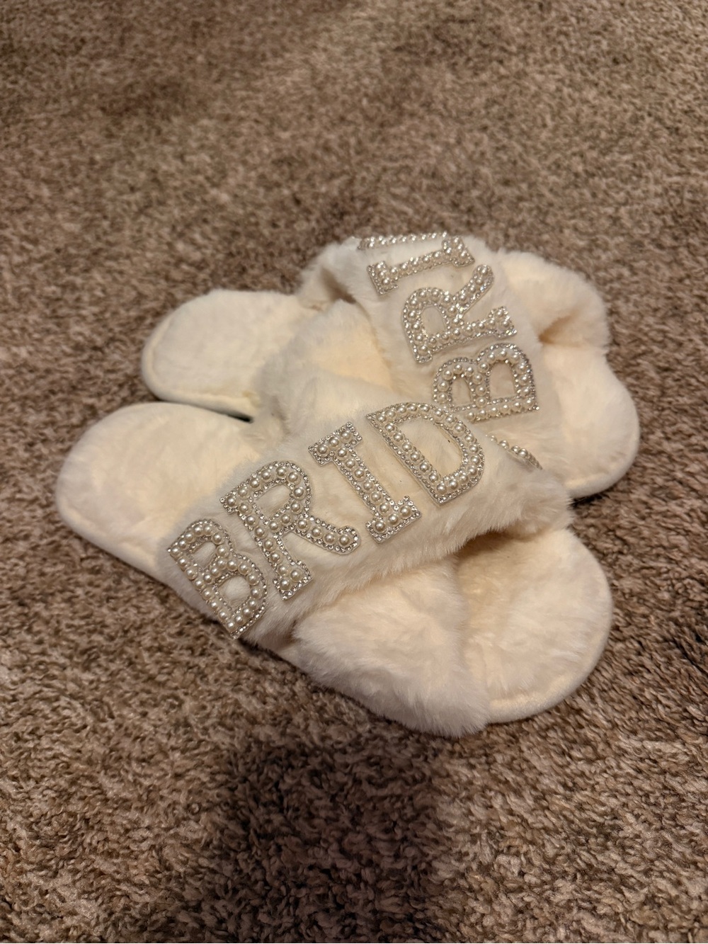 Bride Ivory Fuzzy Slippers with Crystal Accent